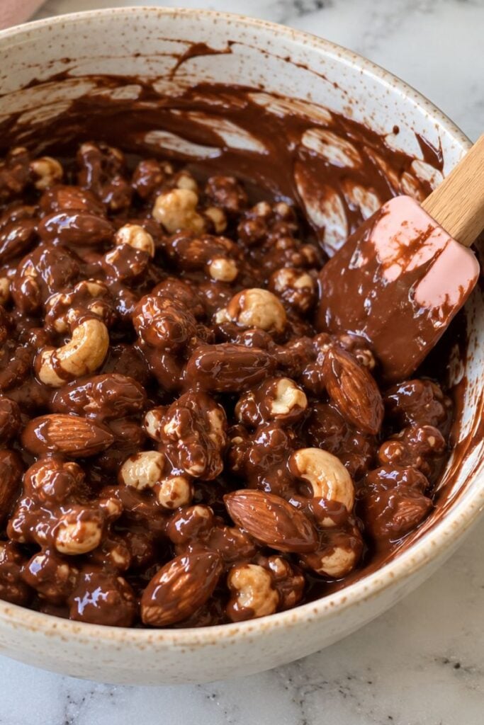 Nuts and melted chocolate mixed together in a bowl. 