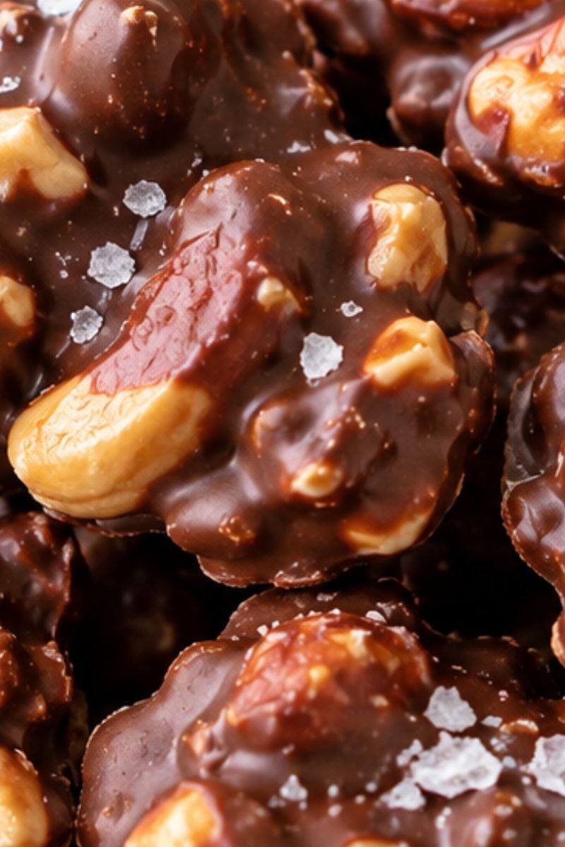 A close up view of chocolate nut clusters. 