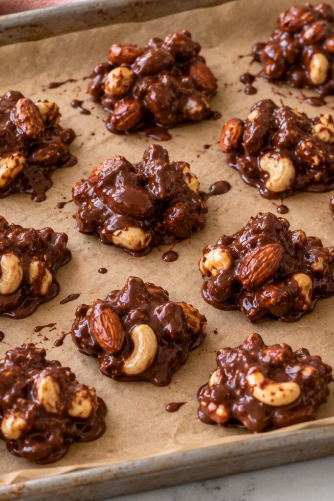 Nut clusters on a tray with baking paper. 