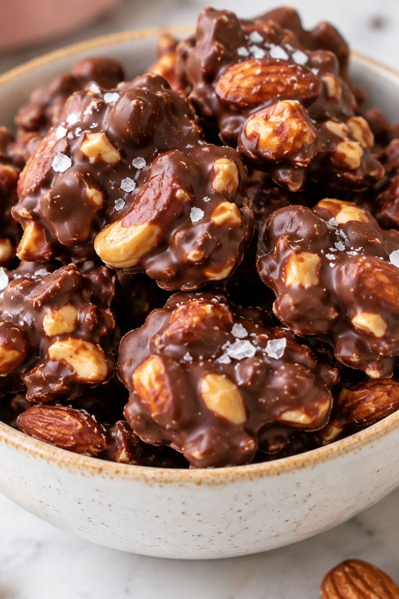 Homemade chocolate nut clusters with almonds and cashews in a ceramic bowl, topped with flaky sea salt.