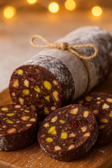 A close up of chocolate salami with nuts and cranberries.