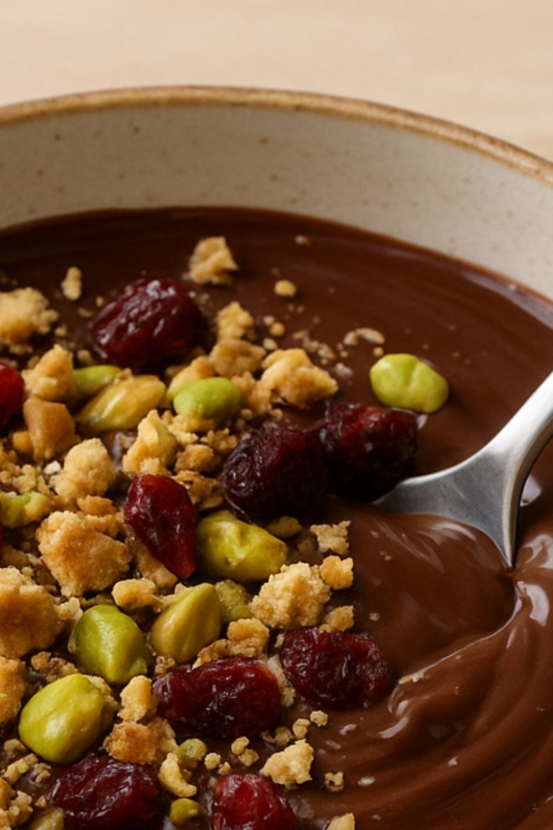 A bowl of melted chocolate with nuts, pistachios and cranberries