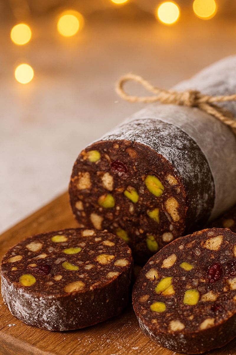 A close up of chocolate salami with nuts and cranberries.