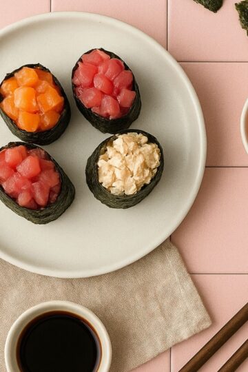 A plate of Gunkan-sushi with a small bowl of soy sauce and caviar on the side.