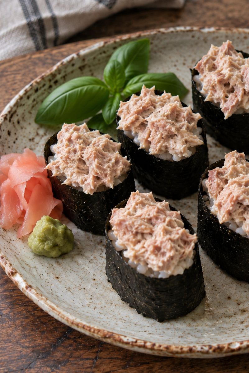 Gunkan sushi with creamy tuna filling wrapped in nori.