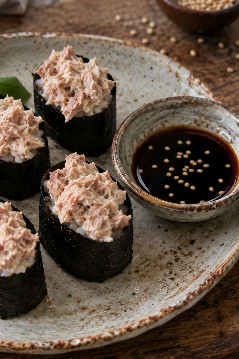 Gunkan sushi with creamy tuna filling wrapped in nori.