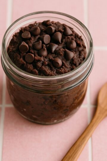 A glass jar of high protein cookie dough with chocolate chips on the top and a wooden spoon on the side.
