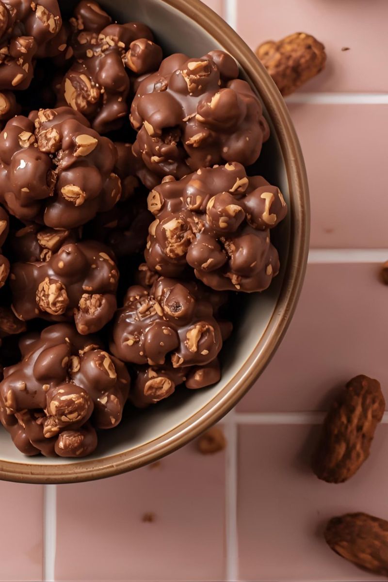 A close up of chocolate nut clusters. 