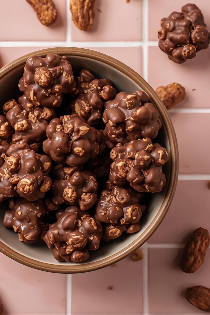 Nut clusters in bowl with a few nut clusters around the bowl. 