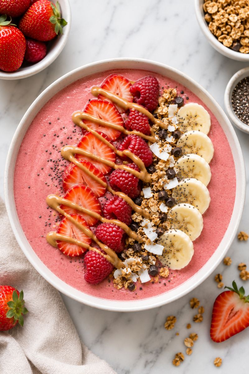 Strawberry smoothie bowl with toppings. 