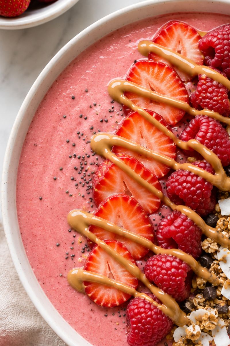Strawberry smoothie bowls with toppings. 