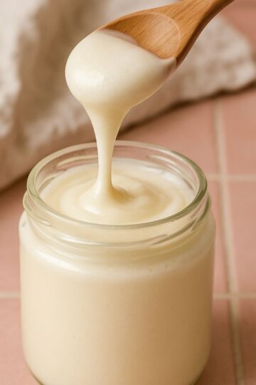 A jar of whipped honey (with a pinch of salt) with a spoon.