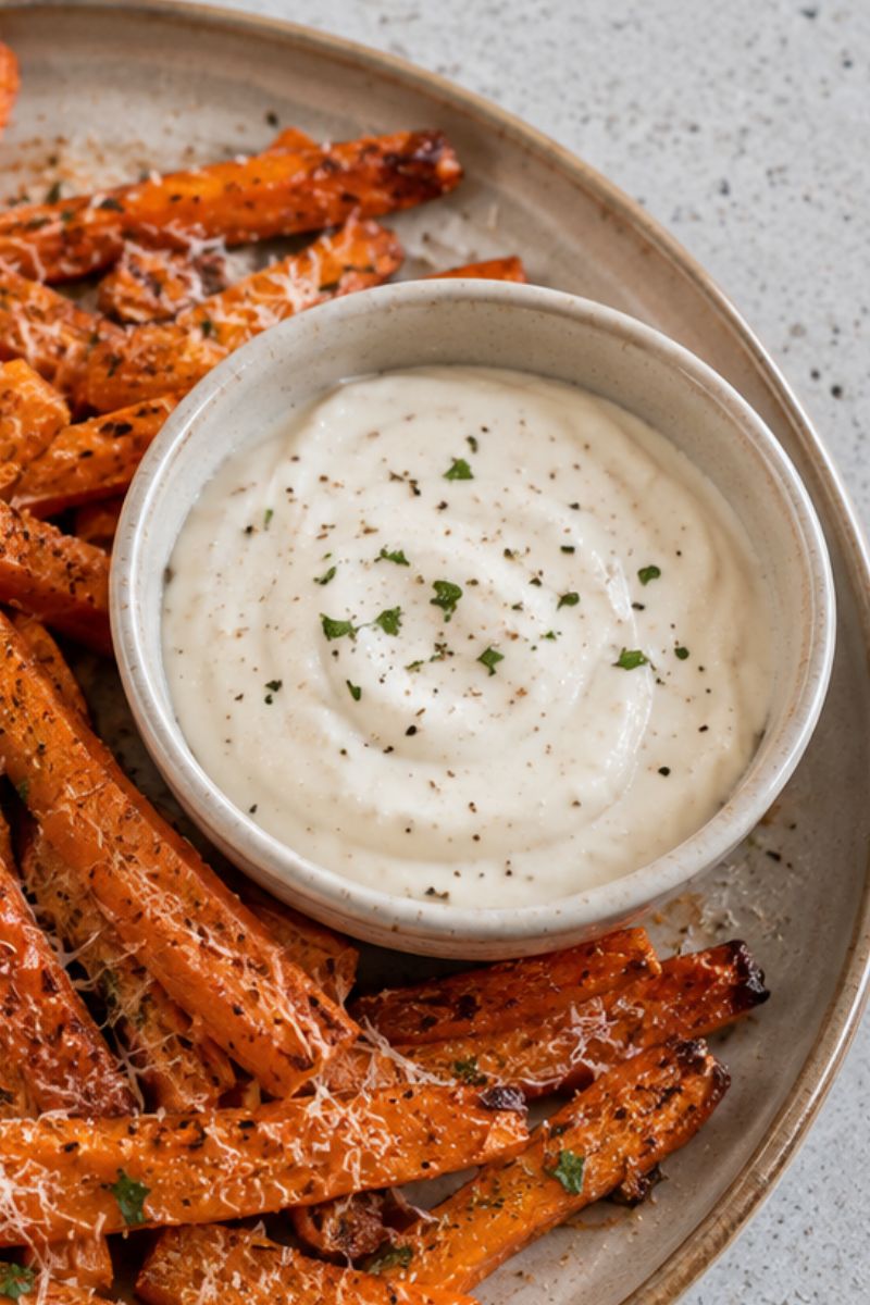 A dipping sauce with air-fried carrots. 