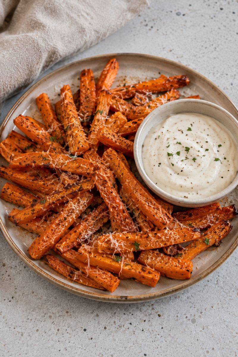 A plate of air-fried carrots with a dipping sauce. 