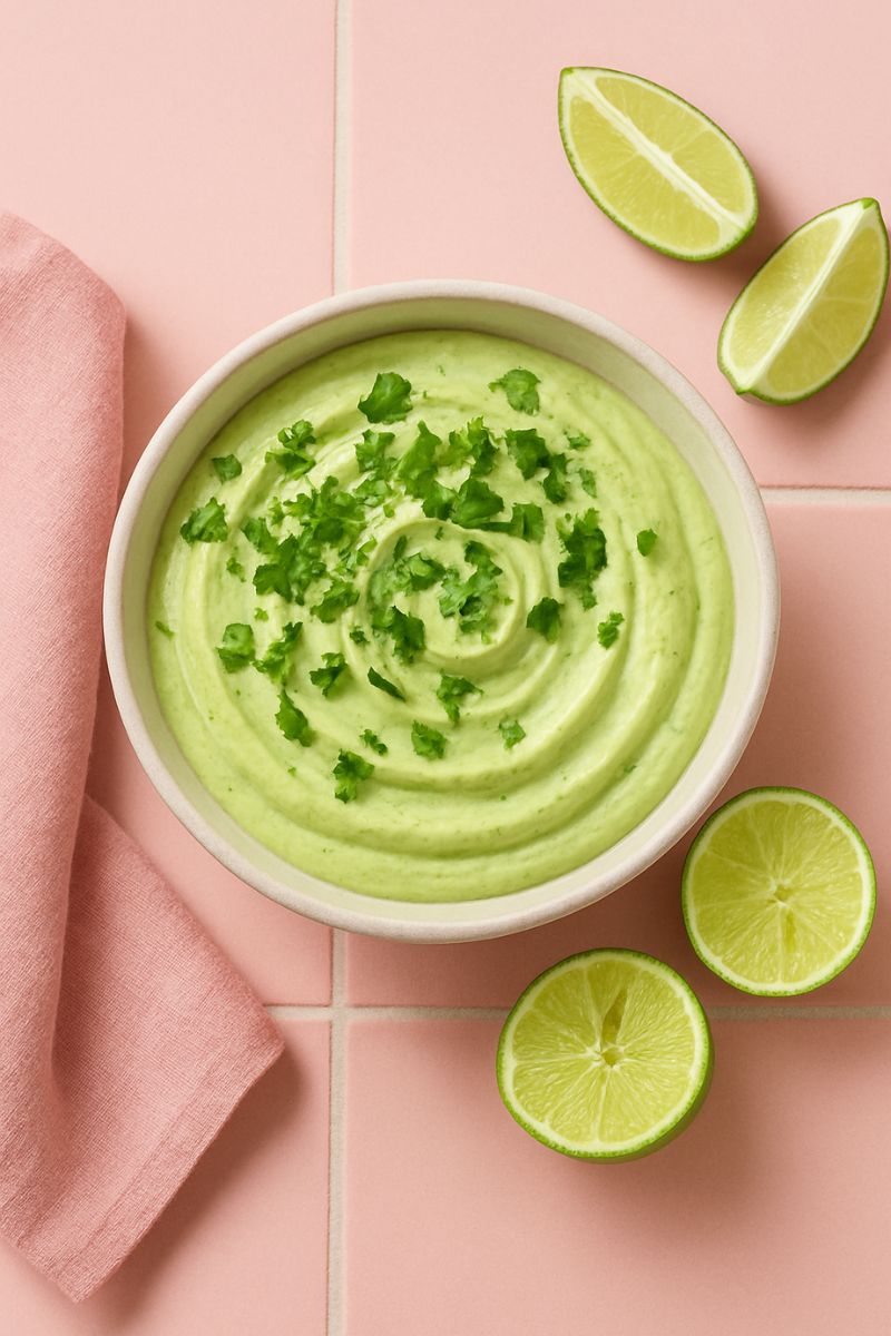 A bowl of avocado lime crema with slices of lime wedges on the side.