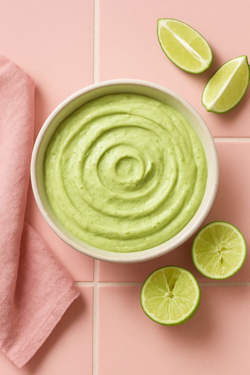 A bowl of avocado lime crema and lime wedges.