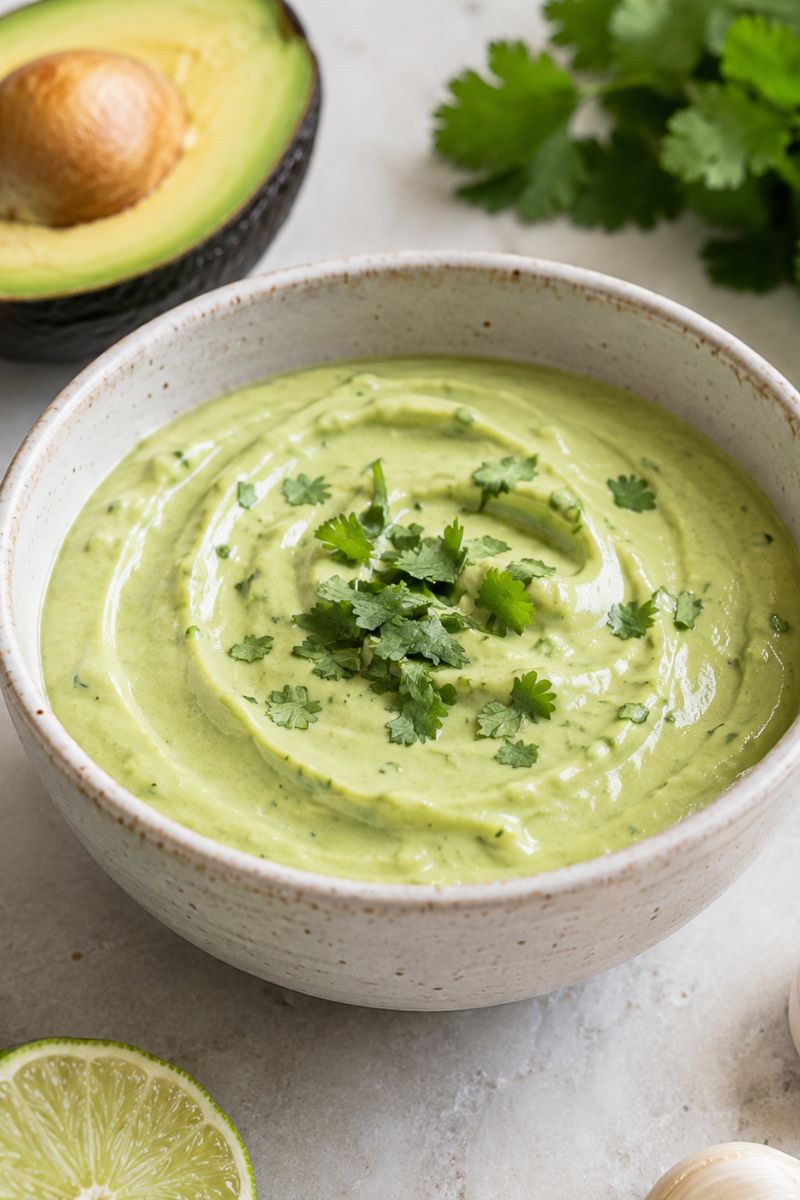 A bowl of avocado lime crema. With avocado and lime next to the bowl. 