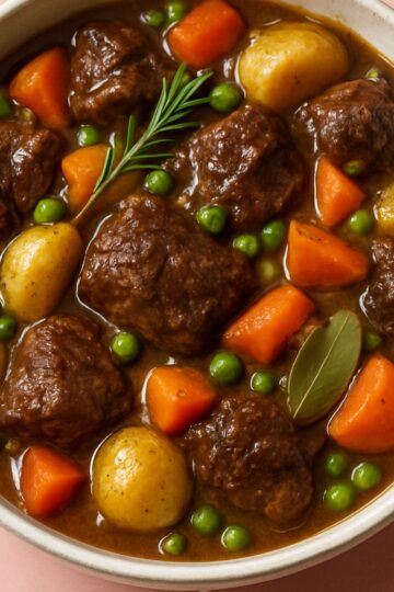 A bowl of beef cheeks stew with potatoes, peas and carrots.
