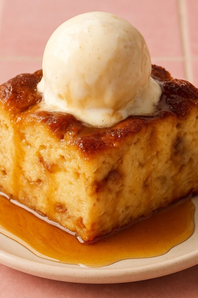 A close up photo of bread pudding with a scoop of vanilla ice cream on the top.