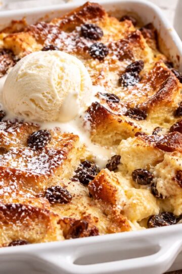 Bread pudding with ice cream.