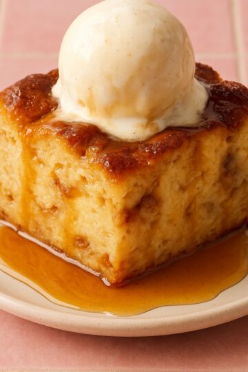 Bread pudding with a scoop of ice cream.