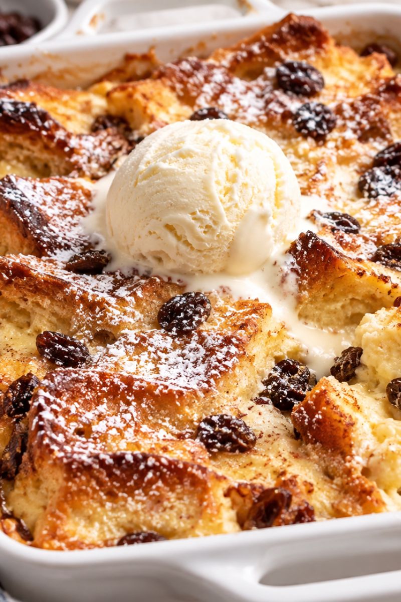 Bread pudding with ice cream.