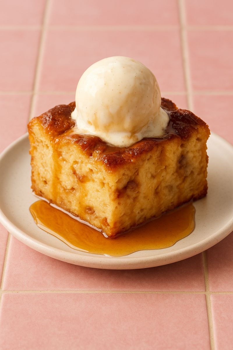 Bread pudding with a scoop of ice cream on the top 