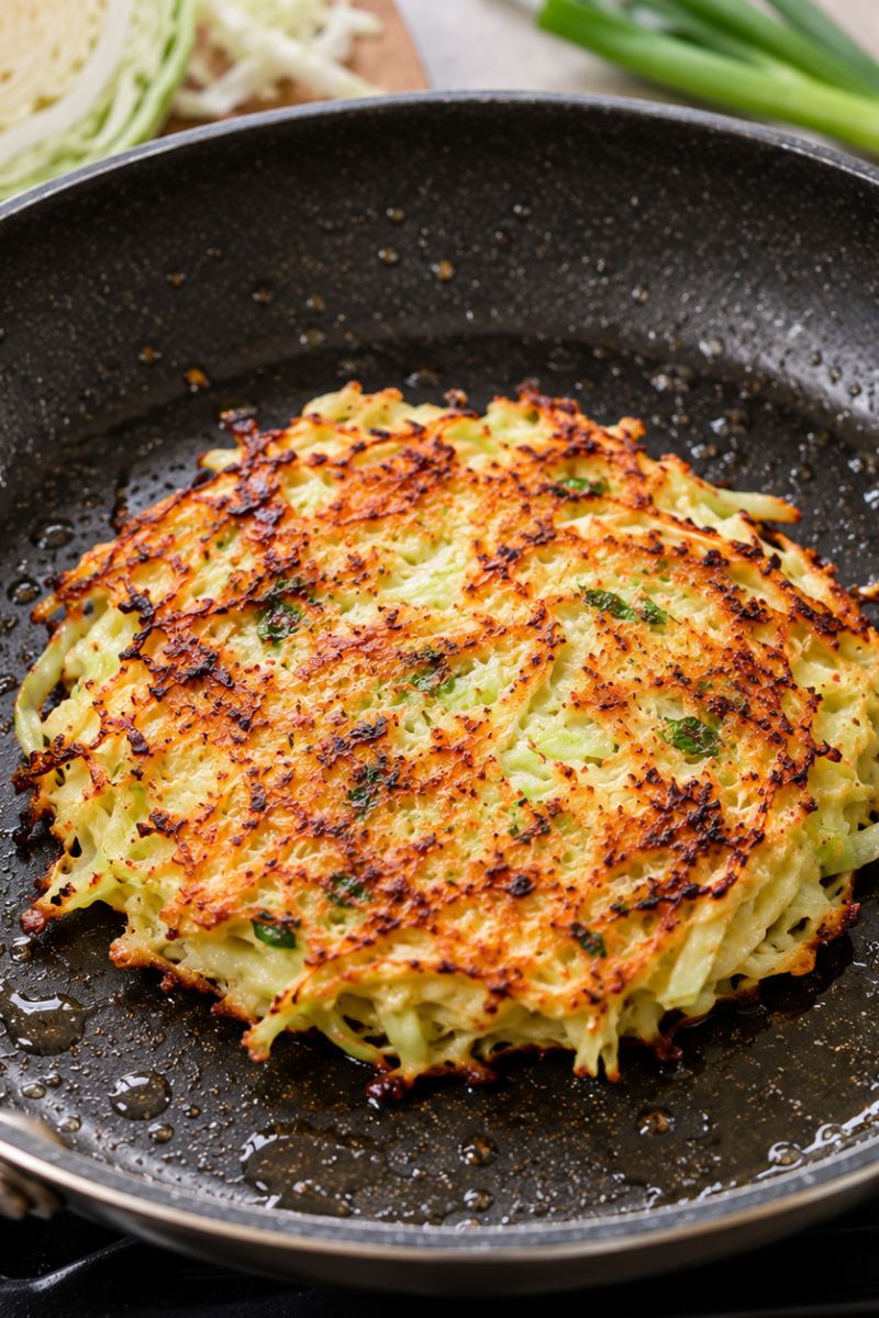 A cabbage pancake in a skillet. 