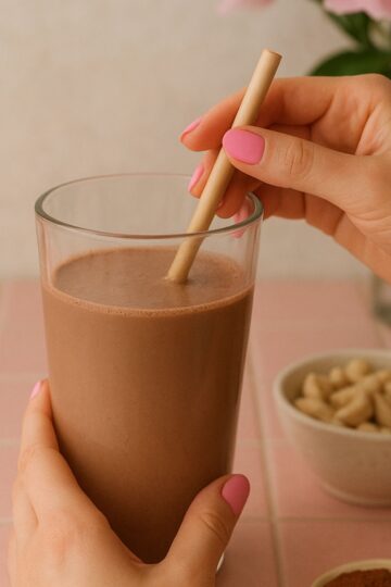 A glass of chocolate cashew milk with a straw in it.