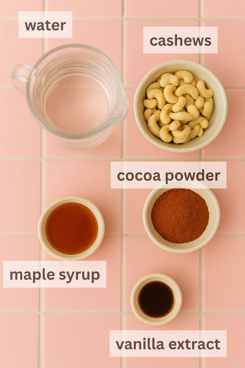 The ingredient list for chocolate cashew milk.