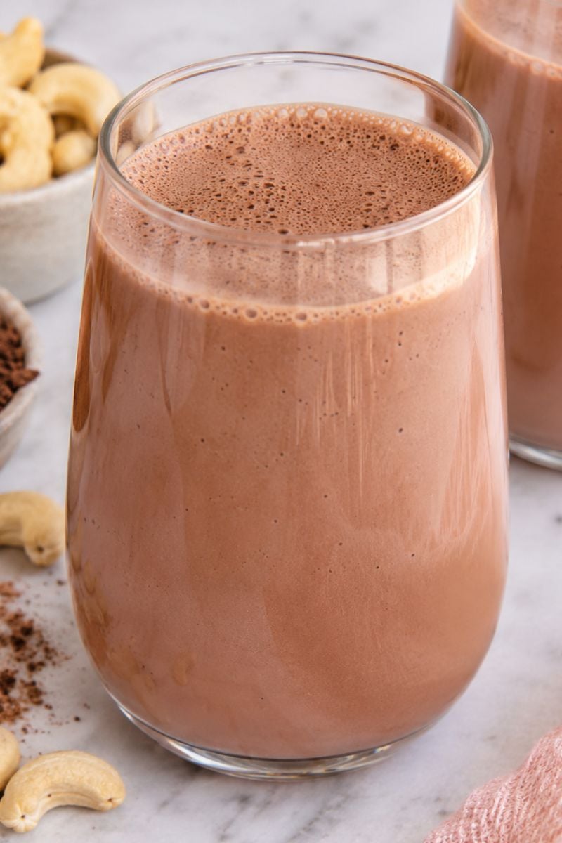 Homemade chocolate cashew milk in a glass with raw cashews in the background.