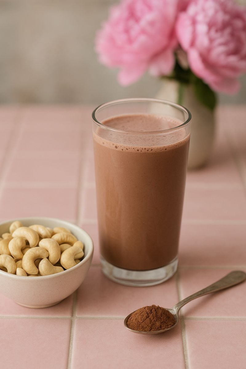 A glass of chocolate cashew milk with a bowl of cashews next to it and a spoon of cocoa powder.