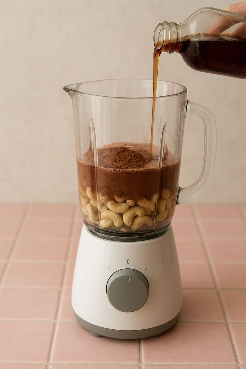 A blender with the ingredients to make chocoalte cashew milk.