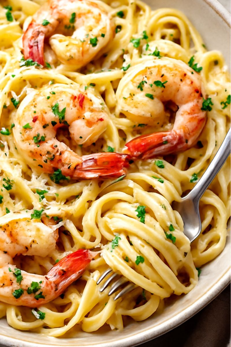 A bowl of garlic butter noodles with shrimp and a fork.