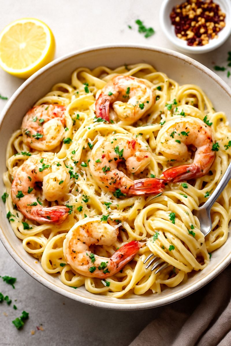 A bowl of garlic butter noodles with shrimp. 