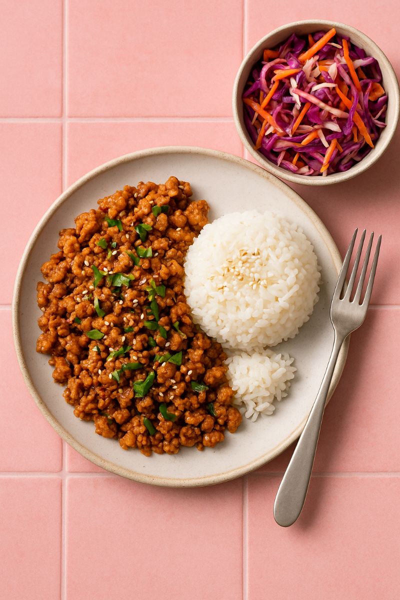 A plate of ground turkey and rice with slaw on the side.