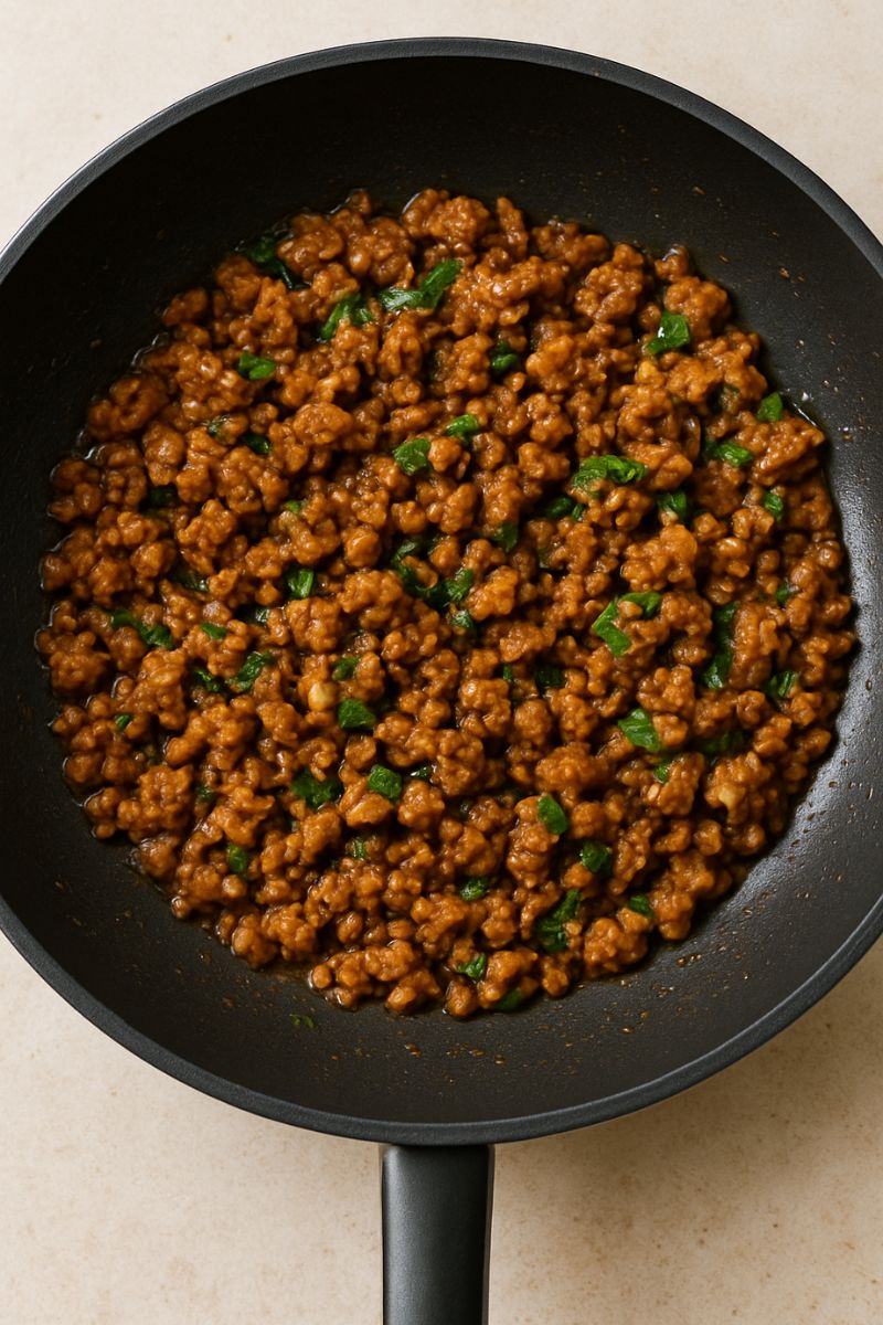 A frying pan of ground turkey.