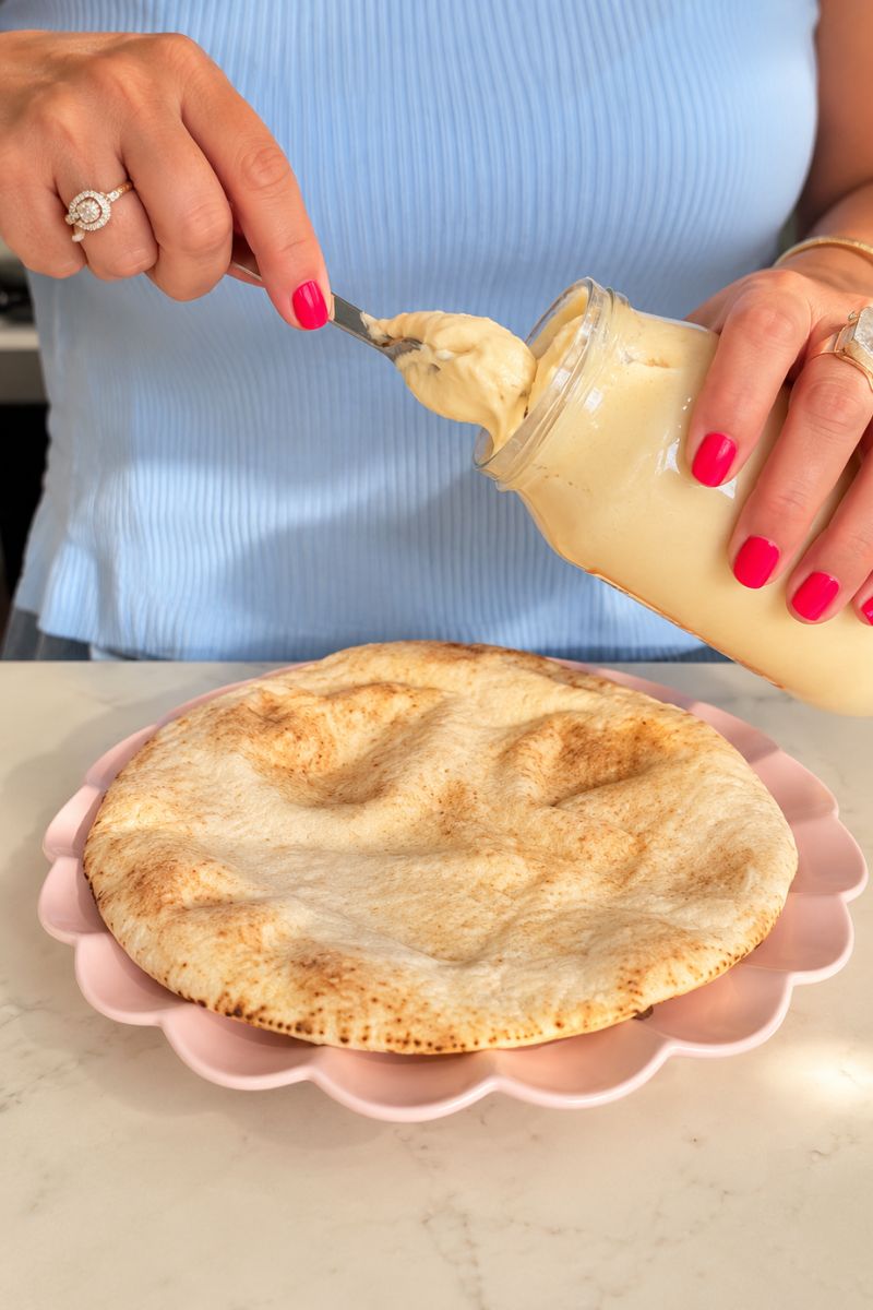 Spreading hummus over warm pita bread.