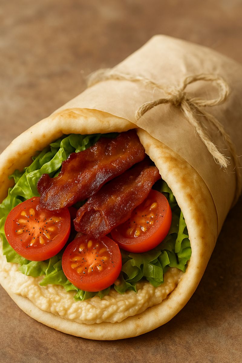 Hummus pita with bacon, lettuce and tomato on a pita.