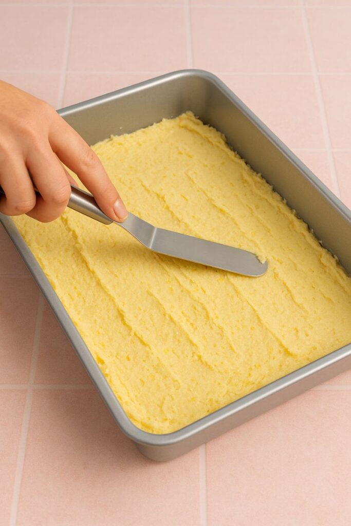 Cookie batter in a baking pan. 