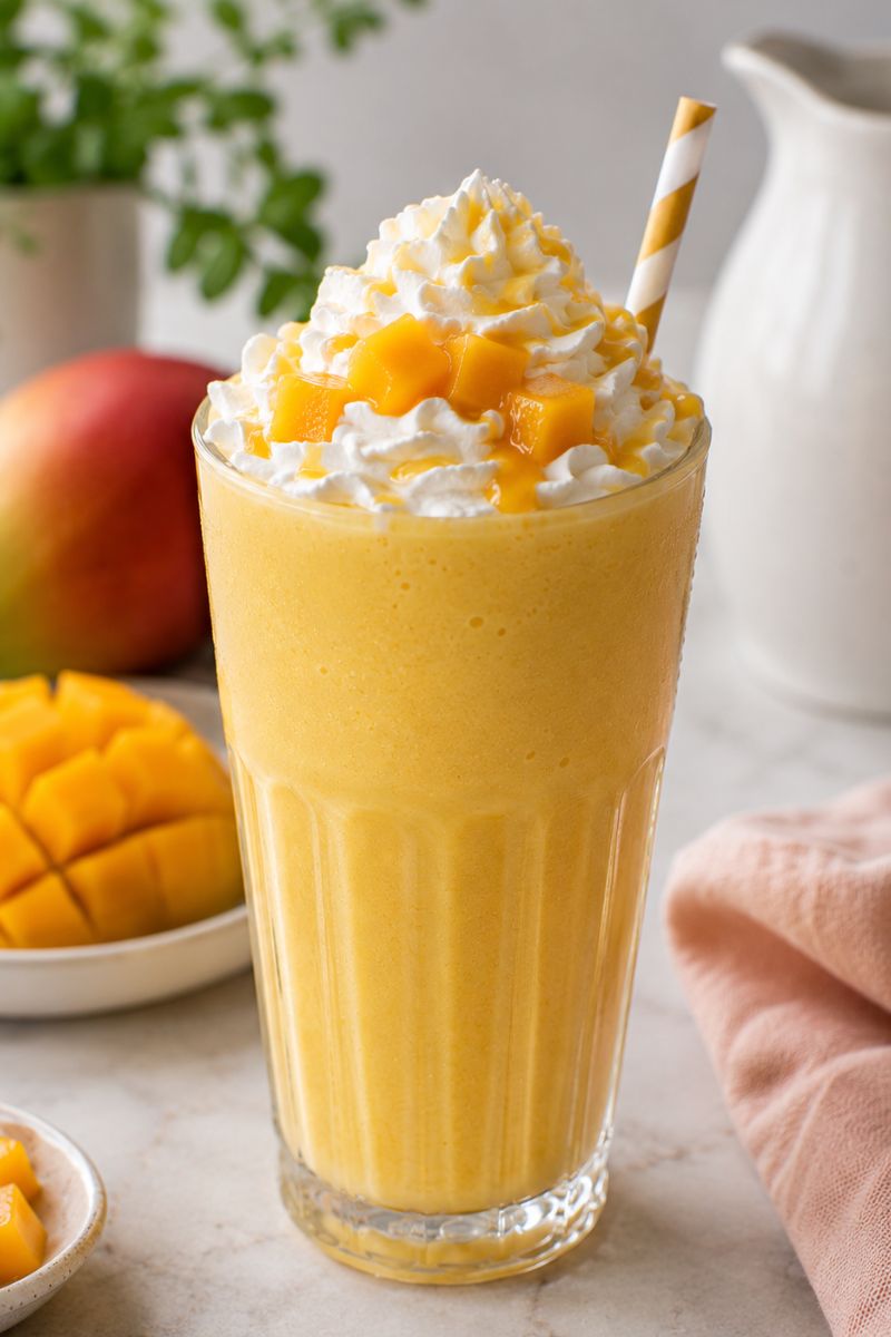 A mango milkshake with whipped cream. 
