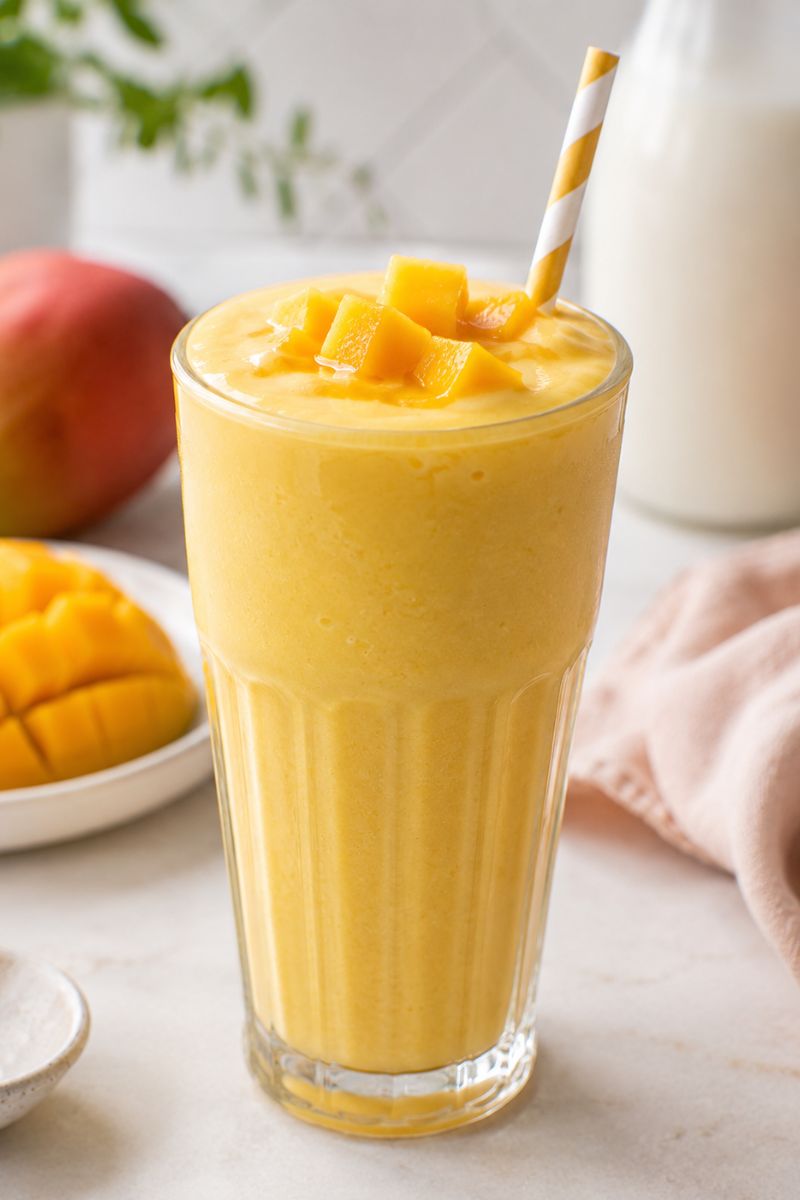 A mango milkshake with chopped mango on the top . 