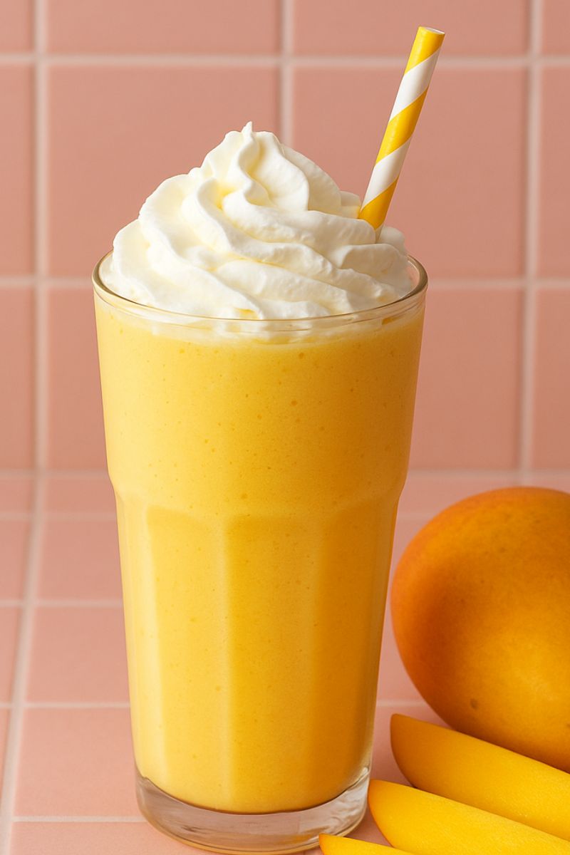 A mango milkshake with whipped cream and sliced mango on the side.
