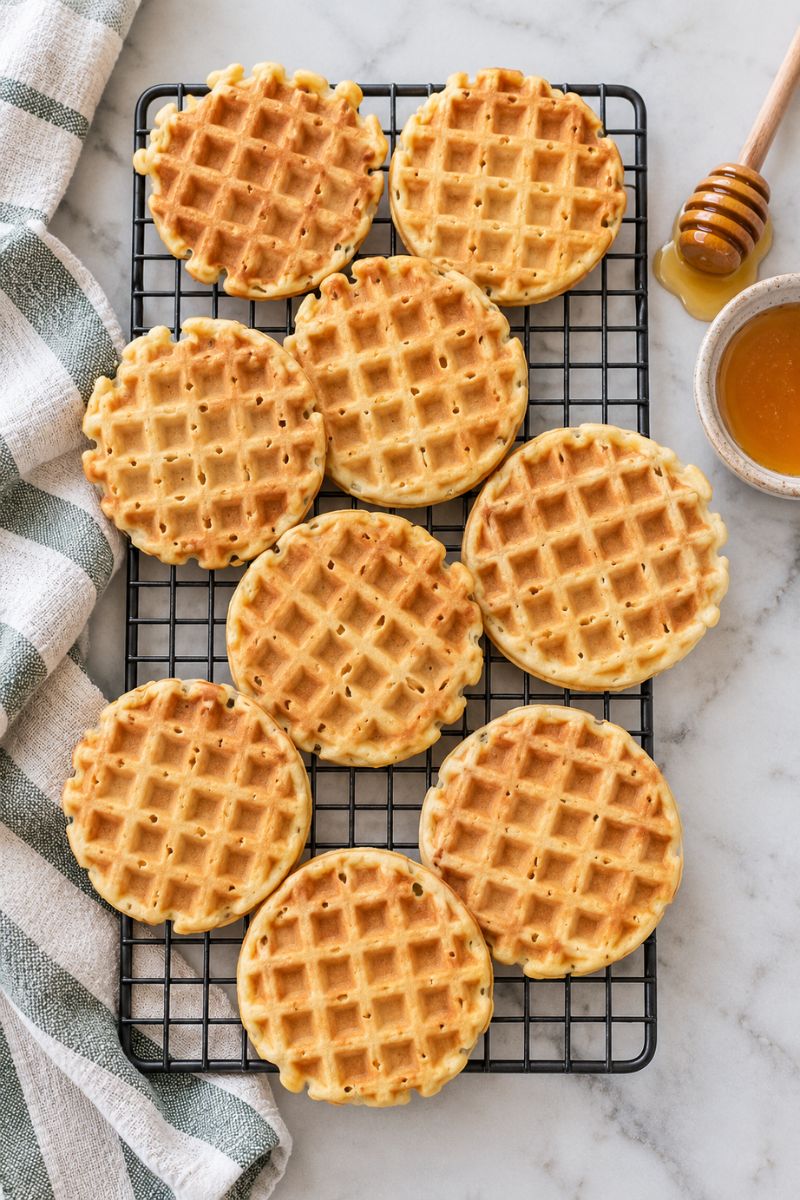 A tray of cooked mini waffles. 