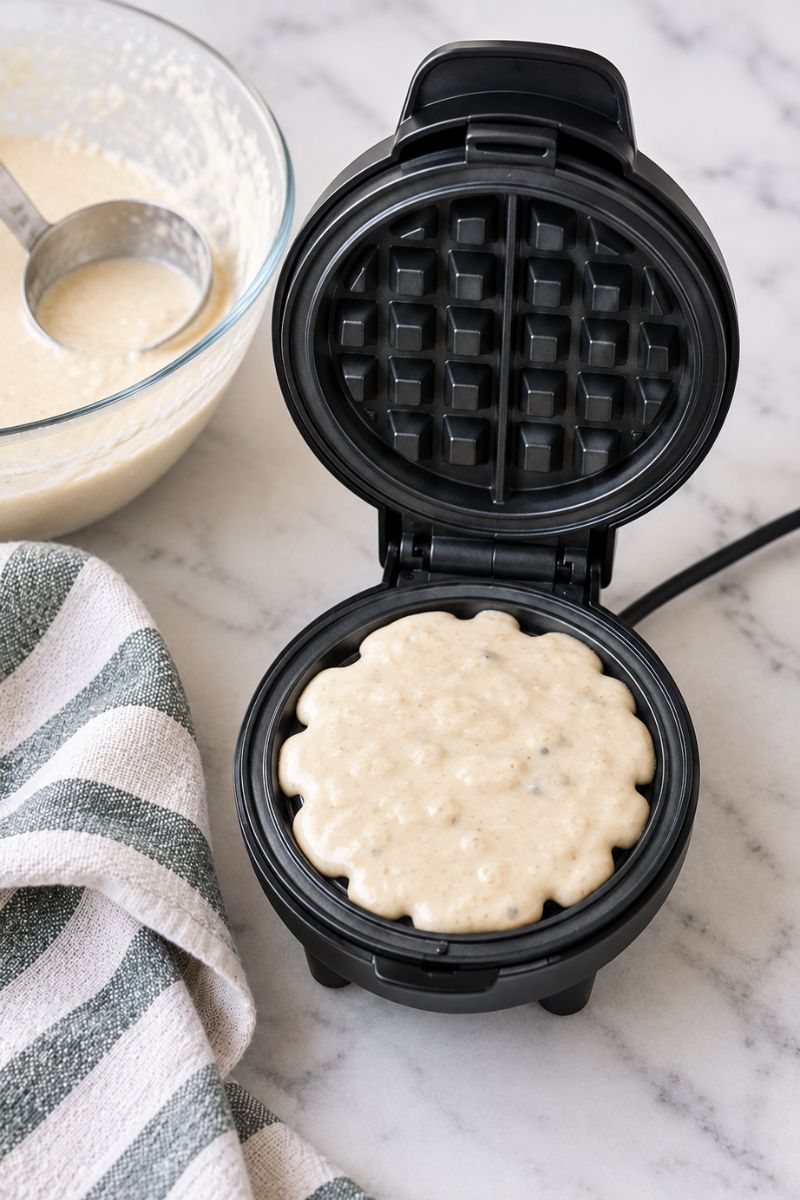 Waffle batter in a waffle maker. 