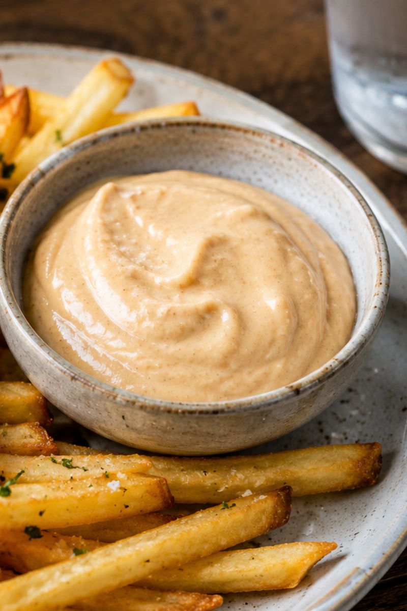 A bowl of miso mayo with French fries.