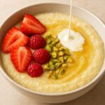 Semolina dessert with honey, cream, berries and pistachios.