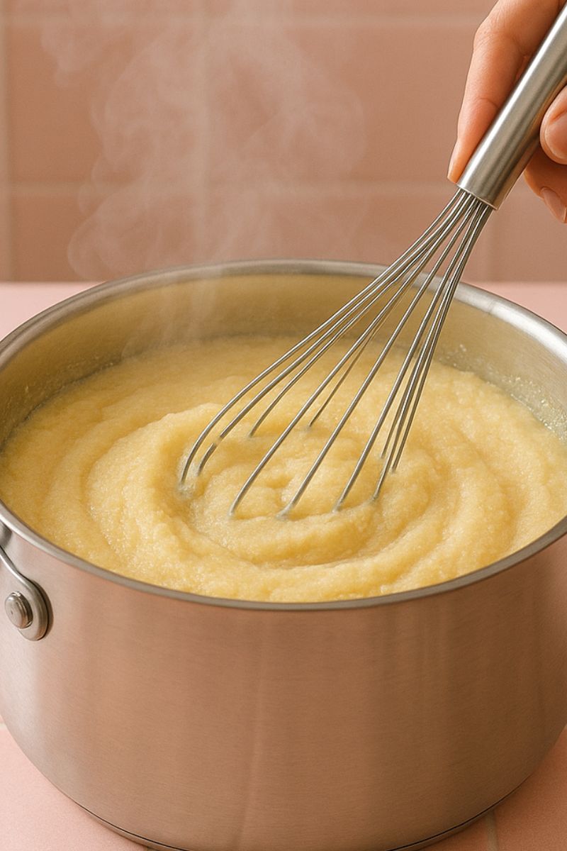 Stirring semolina pudding in a pot with a whisk.