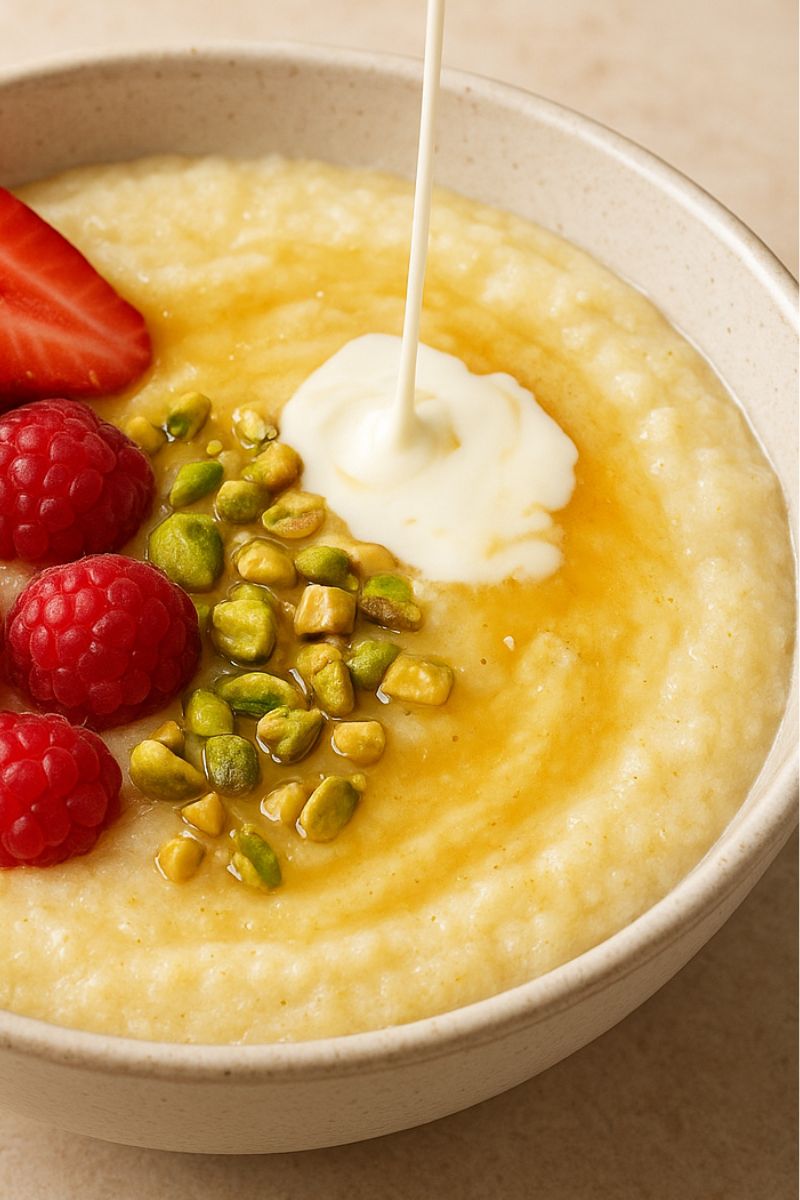 Pouring cream into semolina dessert.
