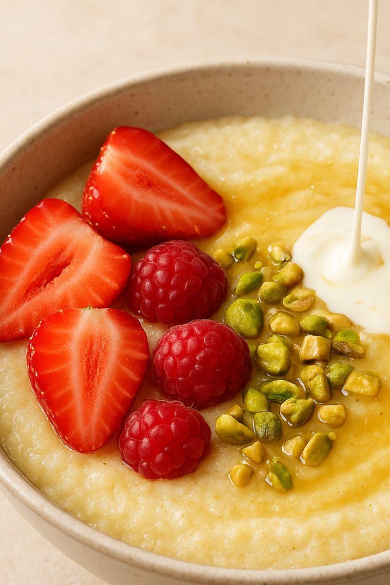 Semolina dessert with honey, cream, berries and pistachios.